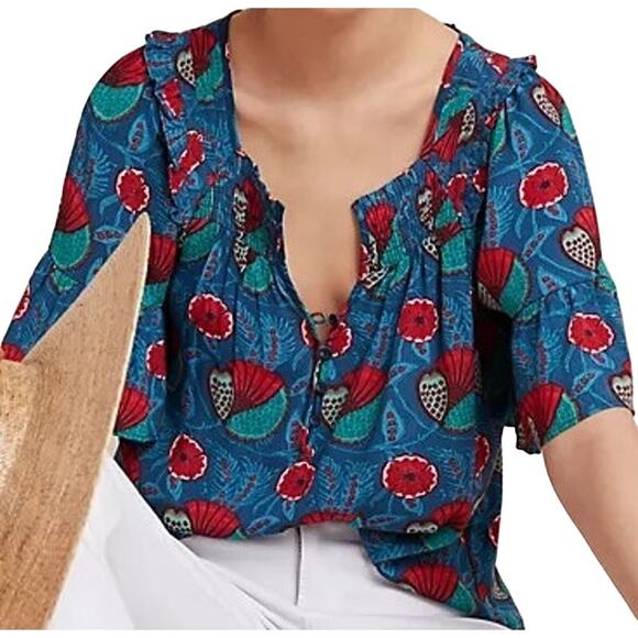 Anthropologie Maeve Letitia Smocked Blouse Floral Ruffle Button Front Blue MP - Picture 1 of 5